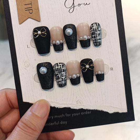 TENPAL Handmade French Tips Press on Nails Medium,Black Gold Pearl & Bow Tweed Coffin Nails,Detachable Luxury Heirloom Elegance Glue on Nails for Fair Skin,Acrylic Wedding Nails for Women(S)