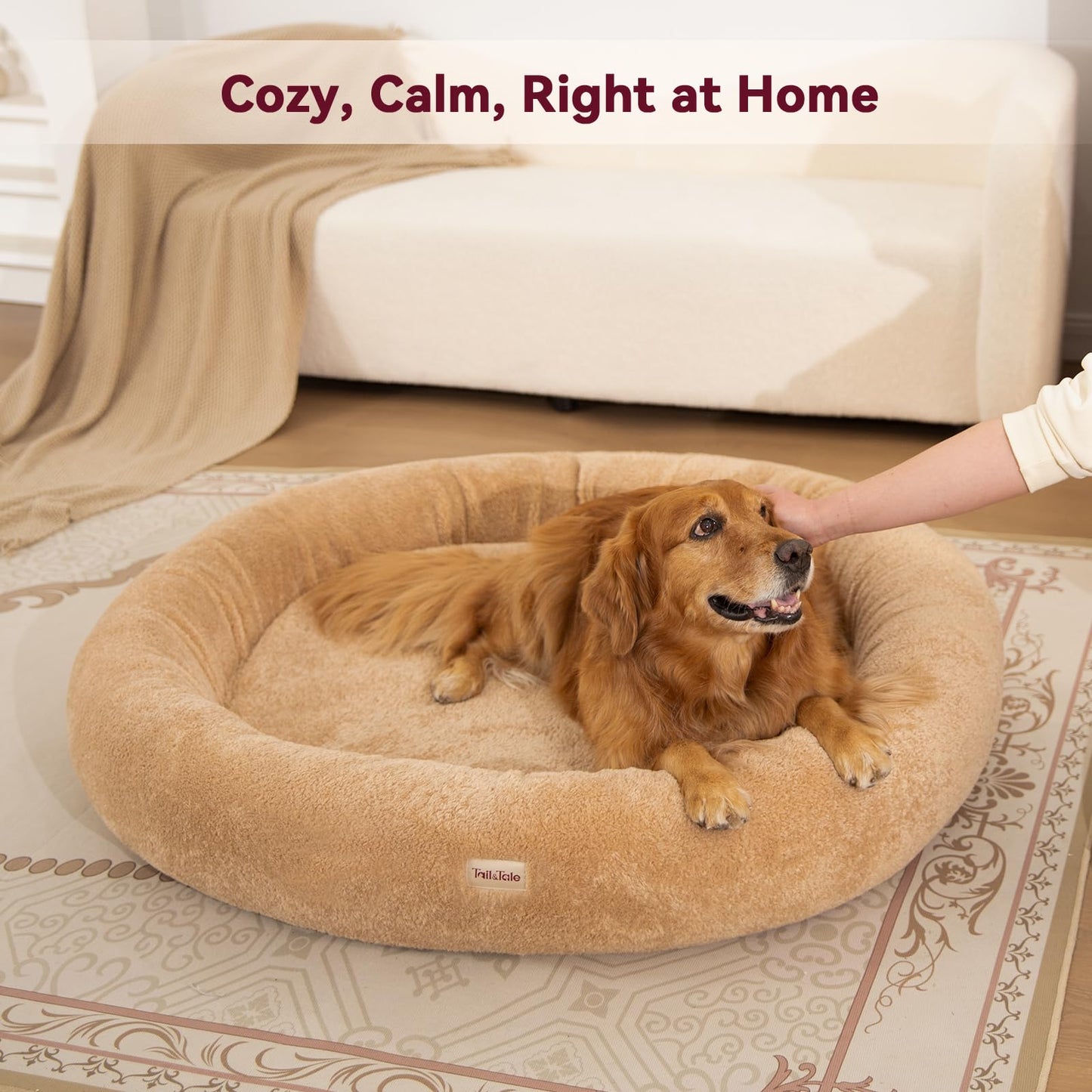 Cooling Calming Donut Dog Bed for Large Dogs – Orthopedic Memory Foam Round Dog Bed for Anxiety Relief & Senior Joint Support, Waterproof Liner, Washable Removable Cover & Non-Slip Bottom