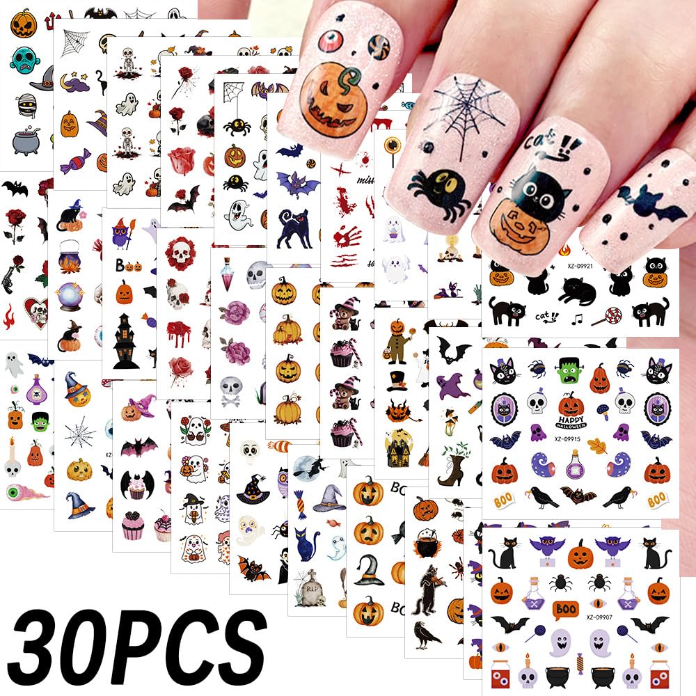 30 Sheets Halloween Nail Stickers for Nail Art, 3D Self-Adhesive Pumpkin Cat Nail Decals, Spider Bloody SkullNail Supplies Design Accessories for Women and Girls Manicure DIY Decoration