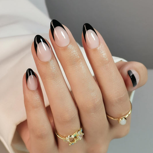 Black French Tip Press on Nails Almond - SHANGMENG Soft Gel Short Press on Nails for Women Gift, Fit Perfectly & Natural Reusable Stick on Nails in 16 Sizes - 32 Fake Nails with Glue, French Black