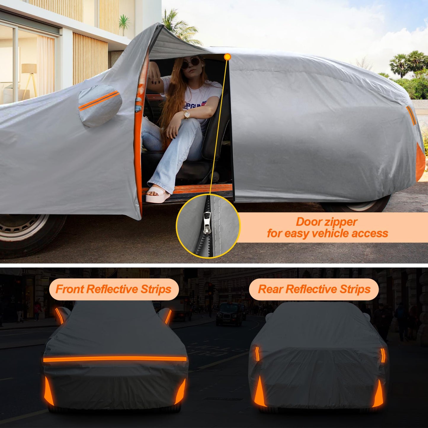Car Cover for 2007-2026 Chevy Suburban/Cadillac Escalade ESV/GMC Yukon XL, Waterproof Custom-fit All Weather Sun Rain UV Dust Snow Protection Outdoor Car Cover with Door Zipper and Cotton Lining-Grey