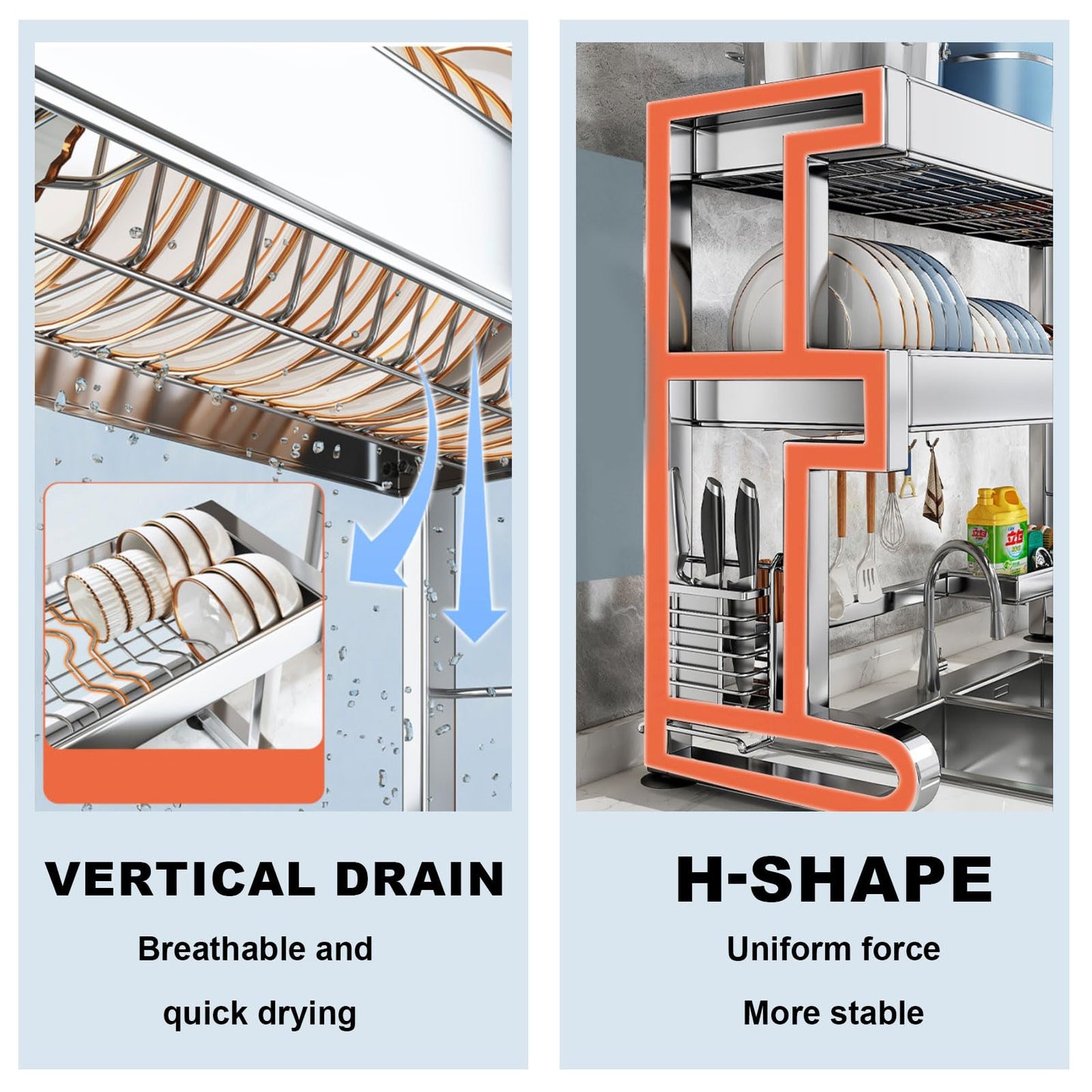 ATQIK Over Sink Dish Drying Rack 3 Tier Dish Drying Rack Full 304 Stainless Steel Large Storage Kitchen Dish Rack Expandable Drainer Shelf Rack for Kitchen Counter Above Sink Organizer（23"-39"