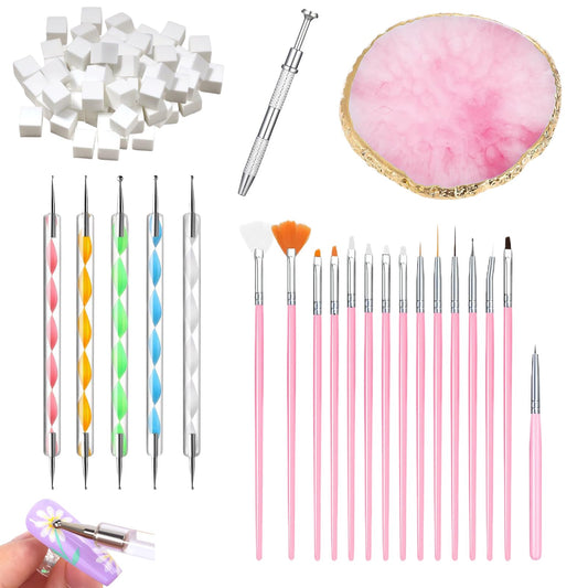 121 Pcs Nail Art Brushes Set, 15 Nail Brushes for Nails Art, 5 Double-Ended Color Mixing Tools, 100 White Small Sponges, 1 Small Gripper and 1 Nails Art Palette for nail Art DIY