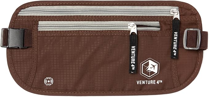 VENTURE 4TH Money Belt for Travel Ã¢ÂÂ Hidden Under-Clothes RFID Blocking Passport Holder & Slim Travel Wallet Pouch for Men & Women to Protect Cash, Cards & Documents (Brown)