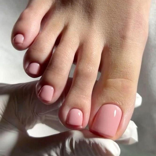 Pink Press on Toenails Short Square Glossy Fake Toe Nails Acrylic Toe Nail Press ons Nude Pink Press on Toes Summer False Toenails Artificial Glue on Toe Nails for Women 24Pcs