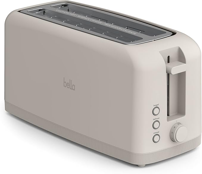 bella 4 Slice Slim Toaster, Fits-anywhereâ¢ Kitchenware, 6 Setting Shade Control with Reheat & Cancel Buttons, Fits Sourdough, 10â Long Slot, Anti Jam & Auto Shutoff, 900 Watt, Oatmilk