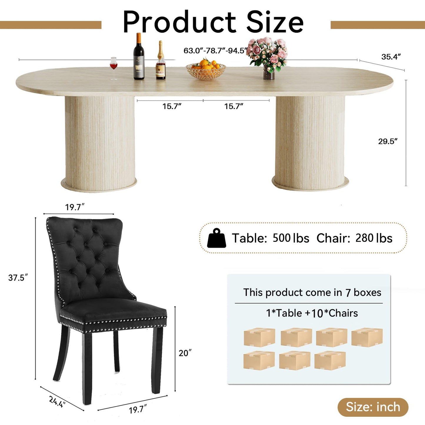 11 Piece Extendable Dining Table Set with 10 Black Upholstered Chairs, 63"-95" Faux Mars Oval Kitchen Table Set with Storage for 10, Space-Saving Expandable Dining Room Table Set with Wood Fluted Base