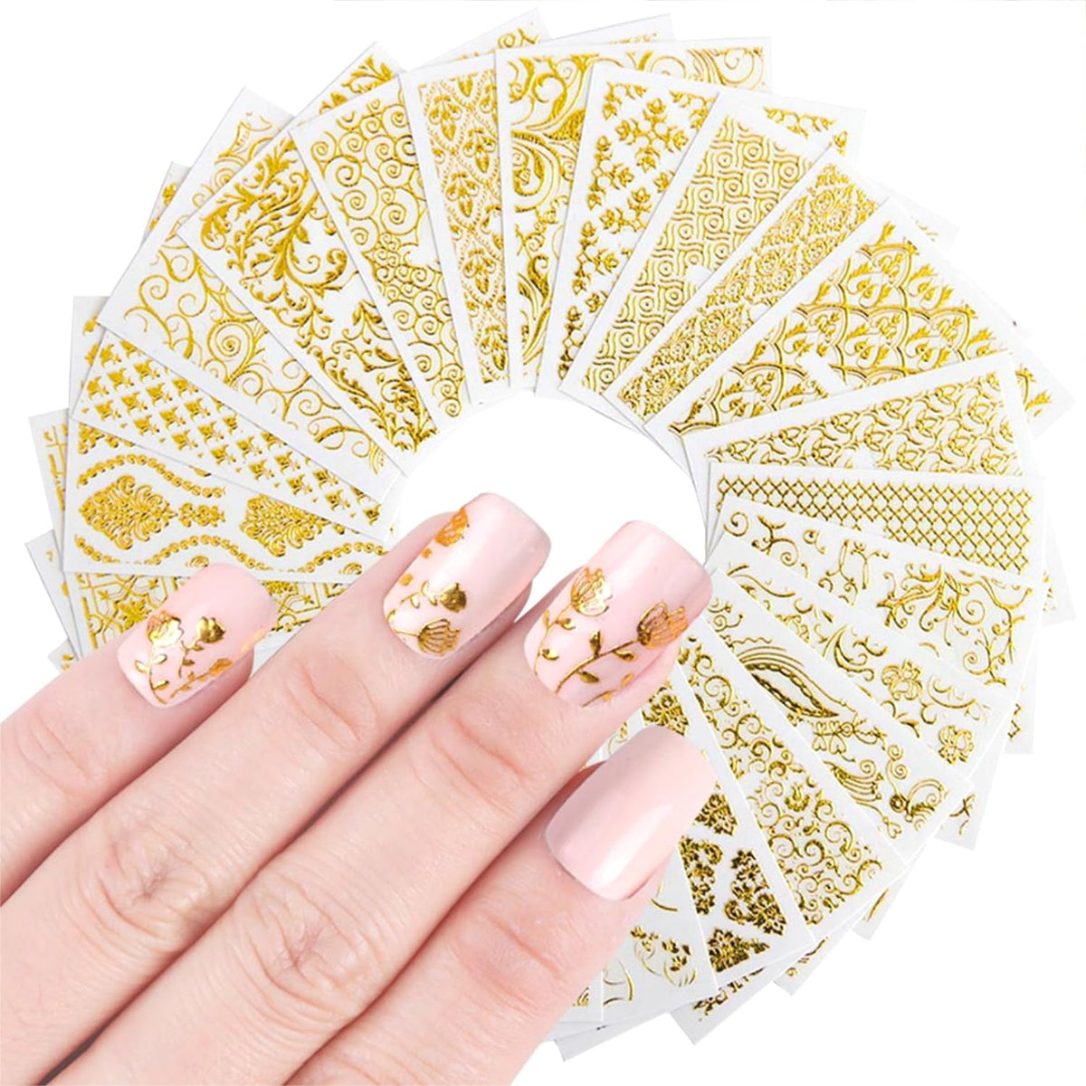 30 Sheet Nail Stickers,Gold Lace Flower Nail Art Stickers,3D Self-Adhesive Nail Decals,with Hollow Retro Floral Vine Design Spring,Gold Lace Floral Acrylic Nails Supplies for Women Manicure Decor