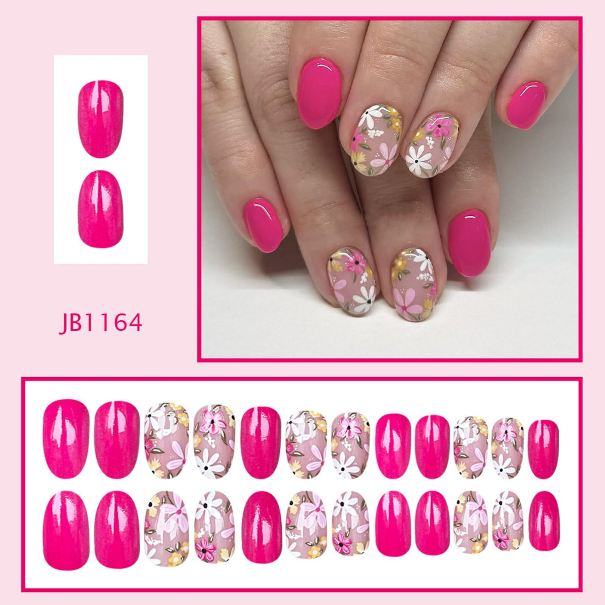 Floral Medium Oval Press on Nails Neon Pink Base Pastel Multi-color Floral Accents Glossy Finish Reusable Spring Nails Easy Fashion Party Wear Durable Trendy Women Girls Nail Art 24 Pcs