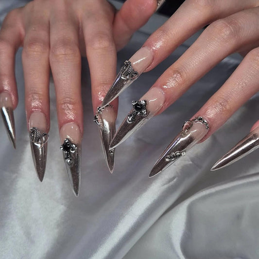 MISUD Press on Nails - Long Stiletto Fake Nails with Silver Chrome, Acrylic Goth Y2K Charms Design 24 pcs
