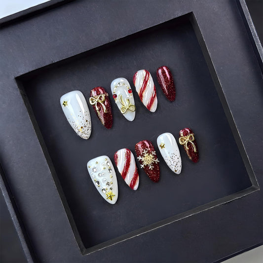 10Pcs Christmas Press on Nails Handmade Almond Fake Nails with 3D Bow Snowflake Rhinestone Design Red White Stripe Christmas Nails Acrylic Nails Press ons Handmade Xmas Glue on Nail for Women (S)