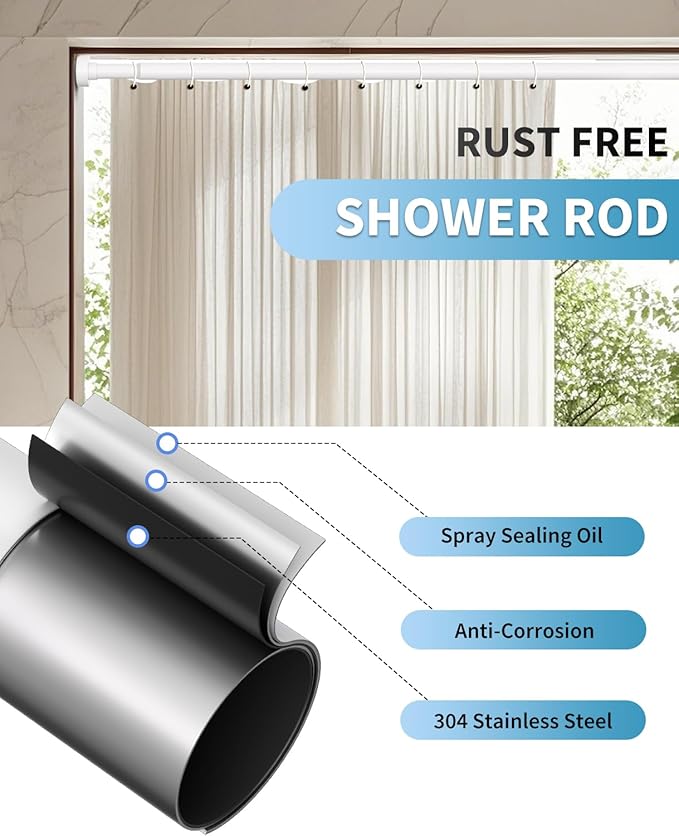 White Shower Curtain Rod 34-96 Inches(2.8-8ft) Adjustable Shower Rod No Drilling Non-slip Never Rust Shower Tension Rod for Bathroom Bedroom Windows Outdoor Garden