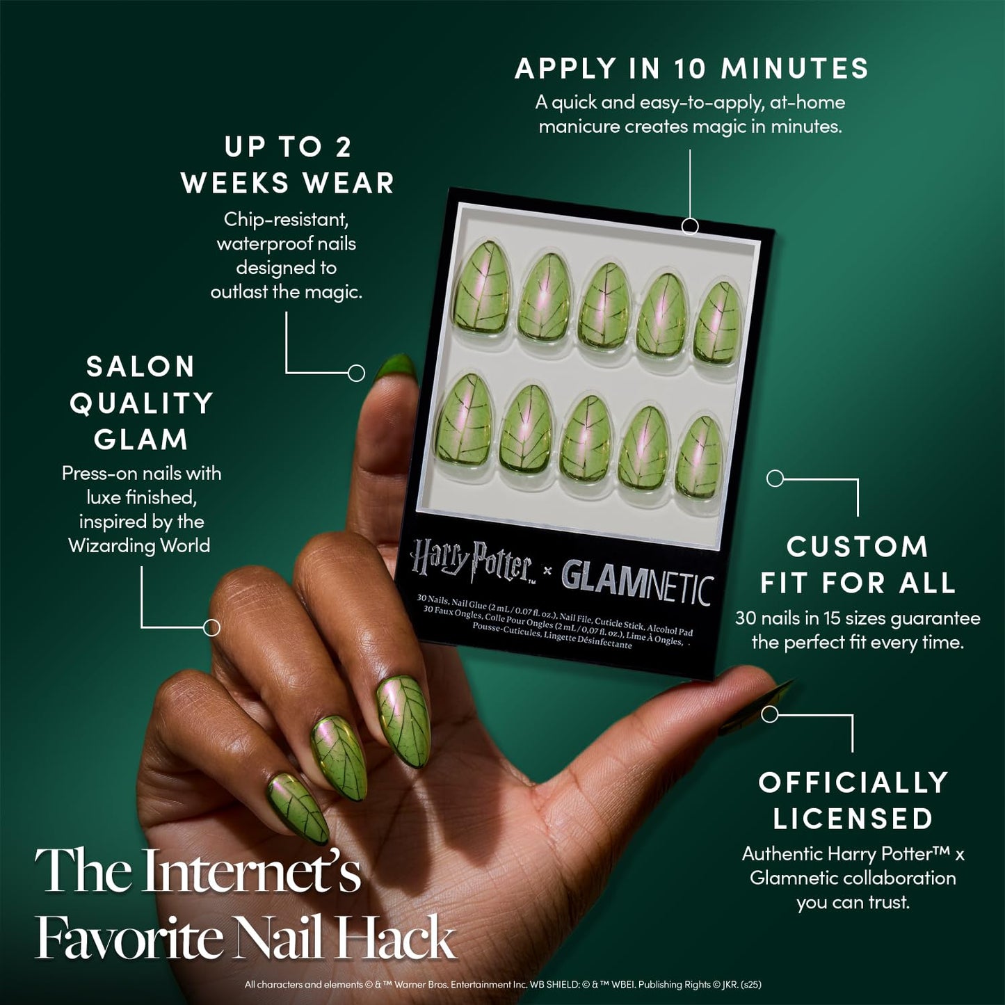 Harry Potter™ x Glamnetic Press-On Nails Bundle - Harry Potter™, Dementor™, Unicorn Blood, Mandrake & Lumos | Short Almond Fake Nails with Black French Tips, Glasses & Hidden Lightning Details | Mediu