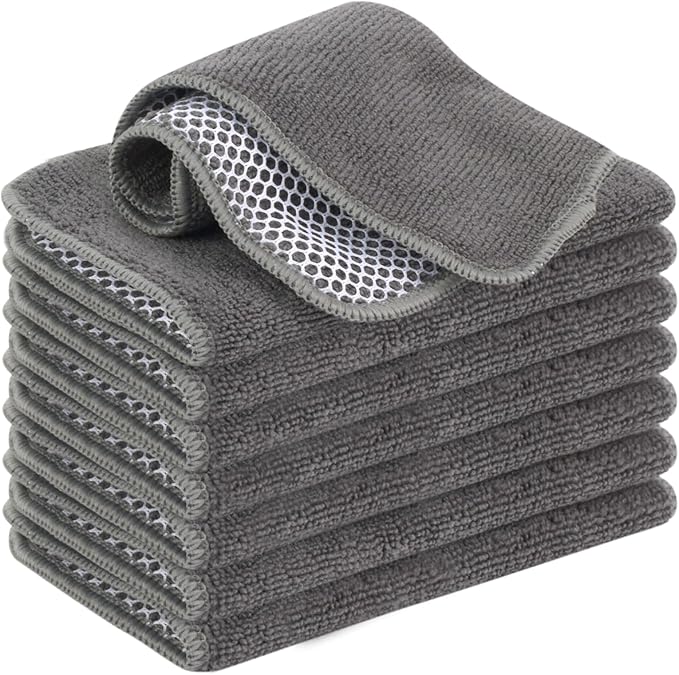VIVOTE Microfiber Cleaning Cloths Washable Dishcloths with Polyester Mesh Scrubbing Edge Dishcloths, Kitchen Household Wipes Kitchen Dish Cloth,8pcs,7.87â x 7.87â (Grey)