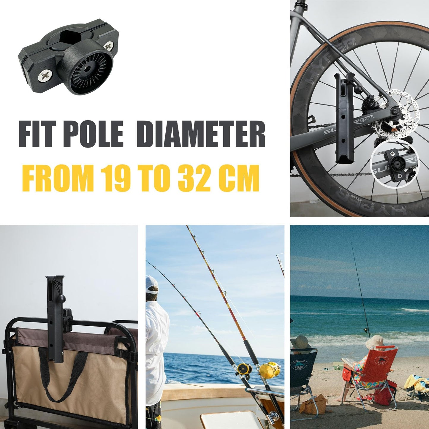 VEXPLO Adjustable Pole Mount Bike Fishing Rod Holder for Bicycle, Boat, Chairs, Cart, Scooter, Motorcycle, ATV & Beach Car, Fishing Pole Holder for Bike Rack with Mount Clamp (1.6" Inner Diameter)"
