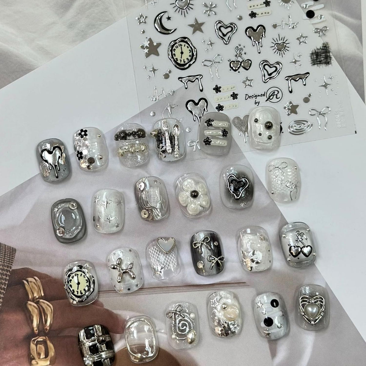 Silver Heart Nail Art Stickers 5D Embossed Clock Bow Nail Decals Valentine Day Nail Stickers for Nail Art Moon Star Nails Design Supplies for Women Girls