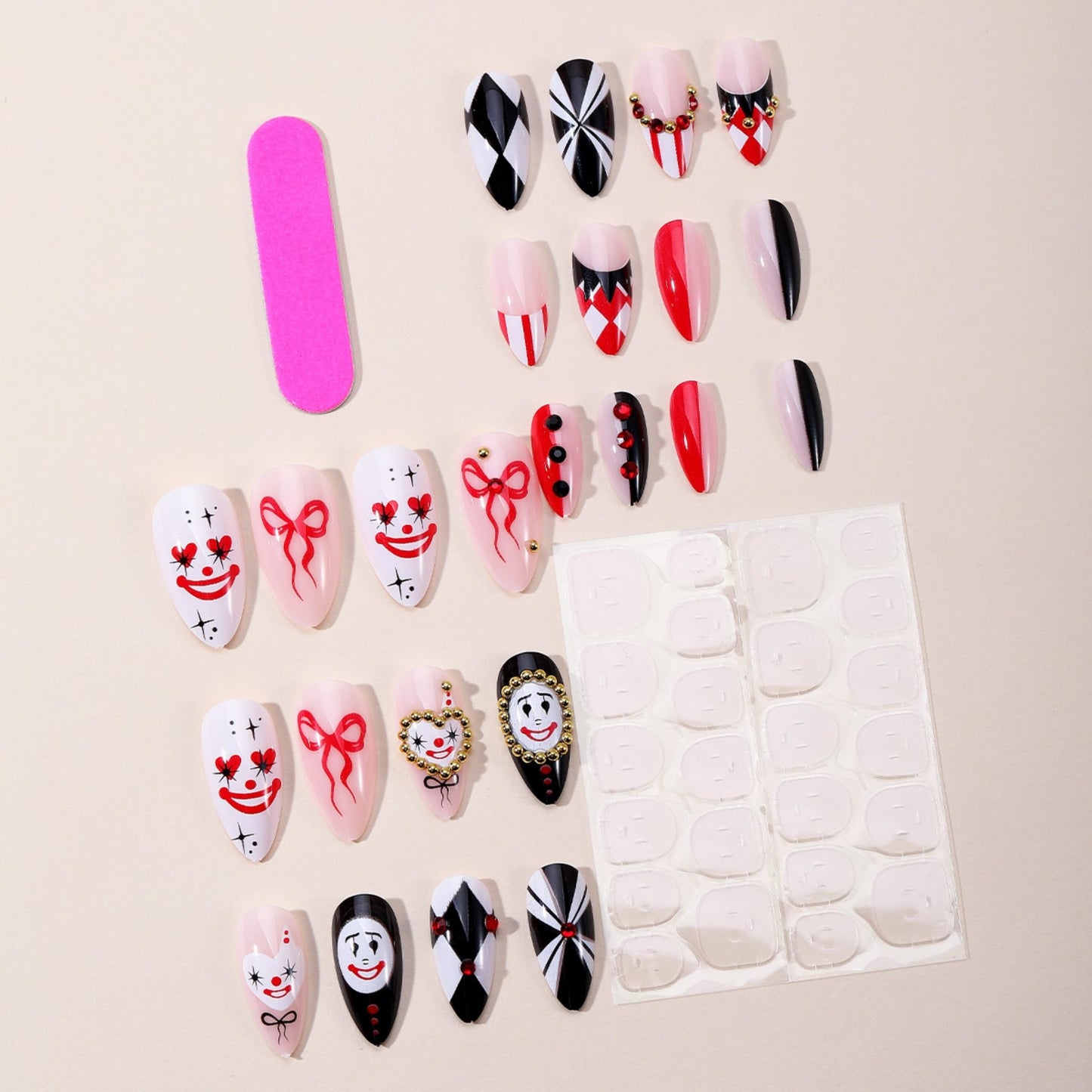 SEENEEY Almond Press on Nails Long Fake Nails Red and Black Artificial Nail Clown Poker Designs Rhinestones Stick on Nail for Women 24pcs