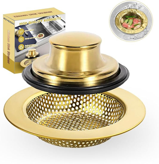 RQYEKDO Kitchen Sink Strainers Sink Stopper Kits, Stainless Steel Sink Drain Strainer Set, Large Wide Rim 4.4" Diameter Food Catcher Garbage Disposal Plug for Most Sink Drains Basket Filter (Gold)