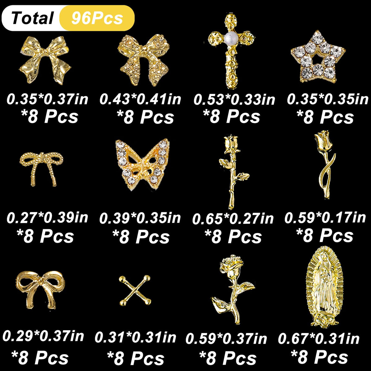 ZUMILLMN 96PCS 3D Nail Charms - Gold Alloy Bow, Rose,Butterfly,Cross,Star,Virgin Mary & Coin Charms, Shiny Nail Rhinestones for Nail Art, Manicure, DIY Jewelry Making（96pcs）
