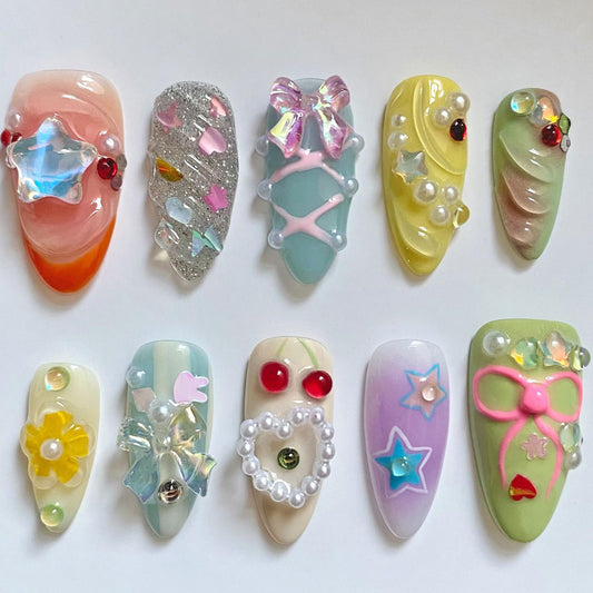 Luxury Press on Nails Cute Short Almond Handmade Nails 3D Unique Reusable ABS Material Fake Nails Bow Star Heart Pearl Charm False Nails with Designs Glossy Thick Acrylic Nails(M)