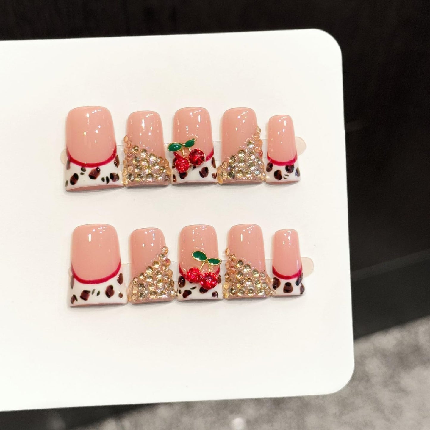 Threelegscat Handmade Cute Pink Medium Duck Press on Nails 10 PCS White French Tips Fake Nails with Cherry Charm & Rhinestone, Reusable Acrylic Size M for Women Daily, Party