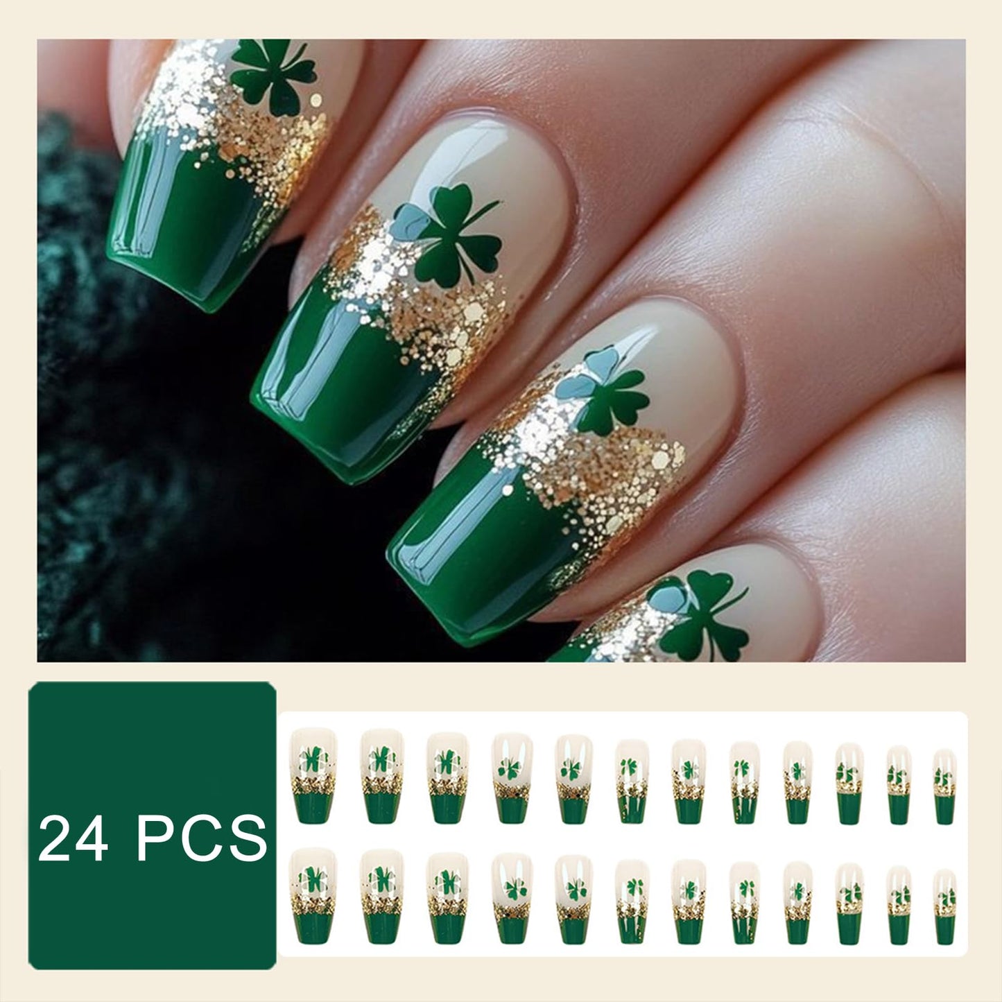 Gold Four-Leaf Clover Press on Nails Medium Square Fake Nails St. Patrick's Day False Nails Glitter Green French Acrylic Glue on Nails Stick on for Women Irish Holiday Manicure Decoration 24Pcs