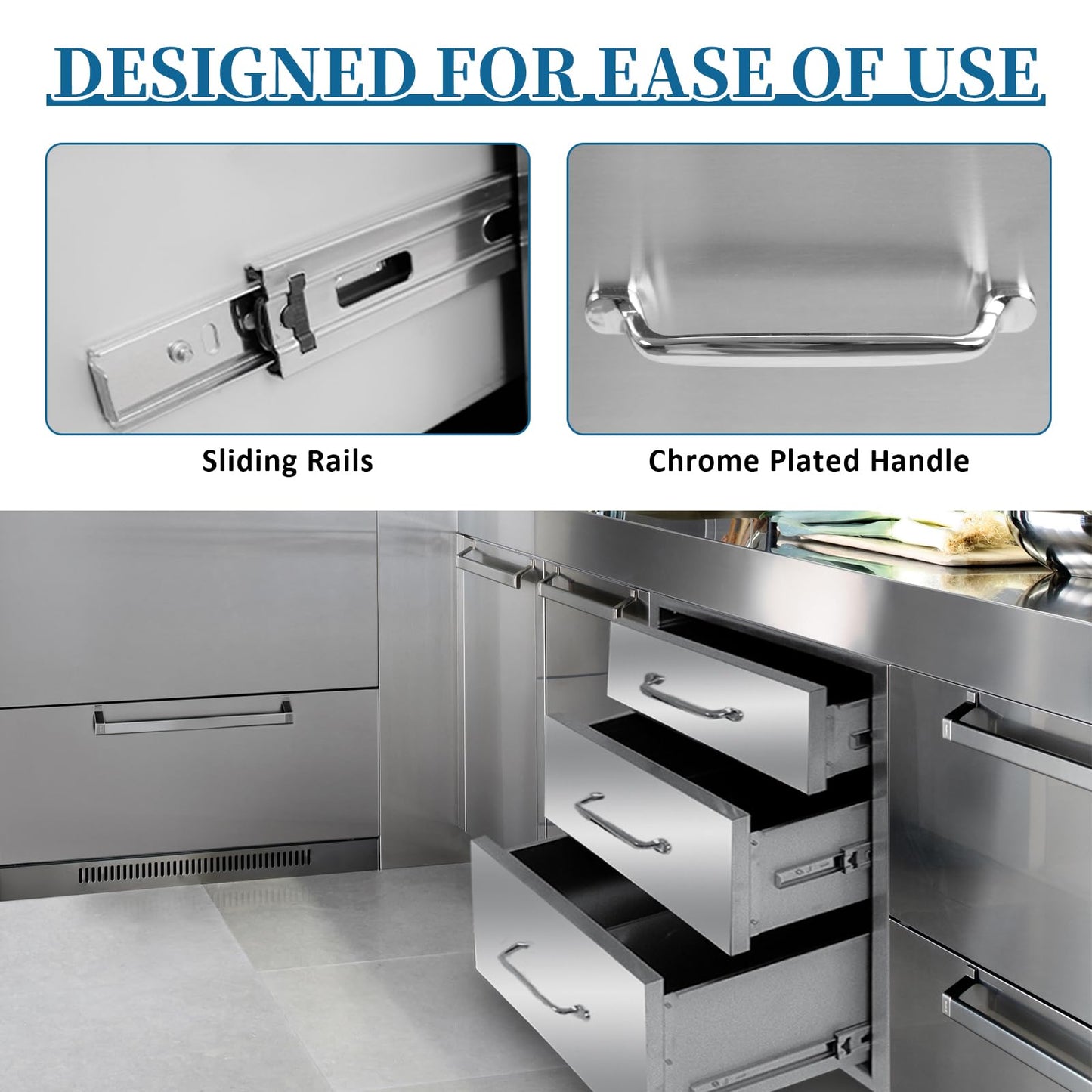 Outdoor Kitchen Drawers 14"Wx21"Hx23"D Flush Mount Access 3-Drawer BBQ Stainless Steel Drawers with Handle for Outdoor Kitchen Island or Grill Station