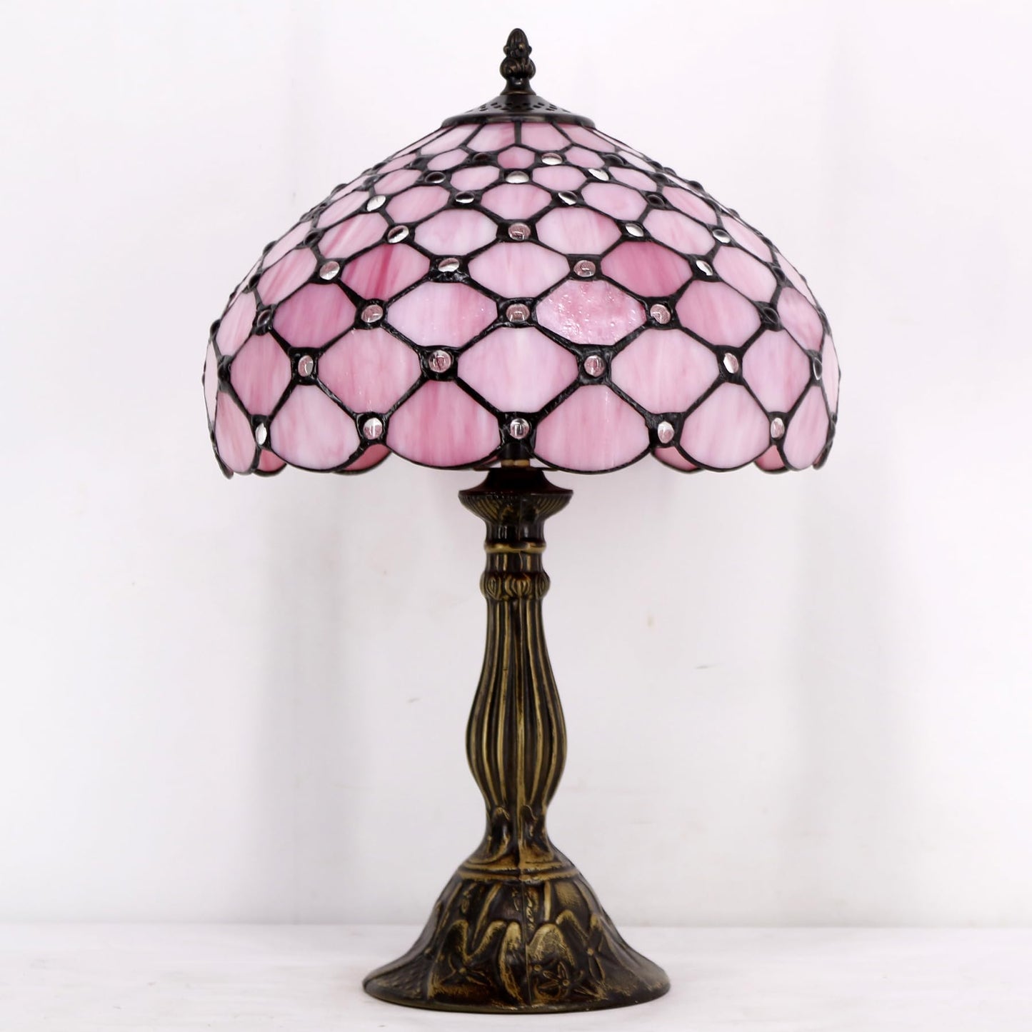 WERFACTORY Tiffany Lamp Pink Stained Glass Bead Table Lamp Desk Bedside Reading Light 12X12X18 Inches Deco Bedroom Living Room Home Office S005 Series
