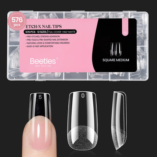 Beetles Nail Tips Medium Square 576Pcs 12 Sizes - Pre-Etched Soft Acrylic Nail Tips Half Matte False Nails Nail Art Full Cover Press Ons Nail Extensions Gift Set Home DIY Nail Salon