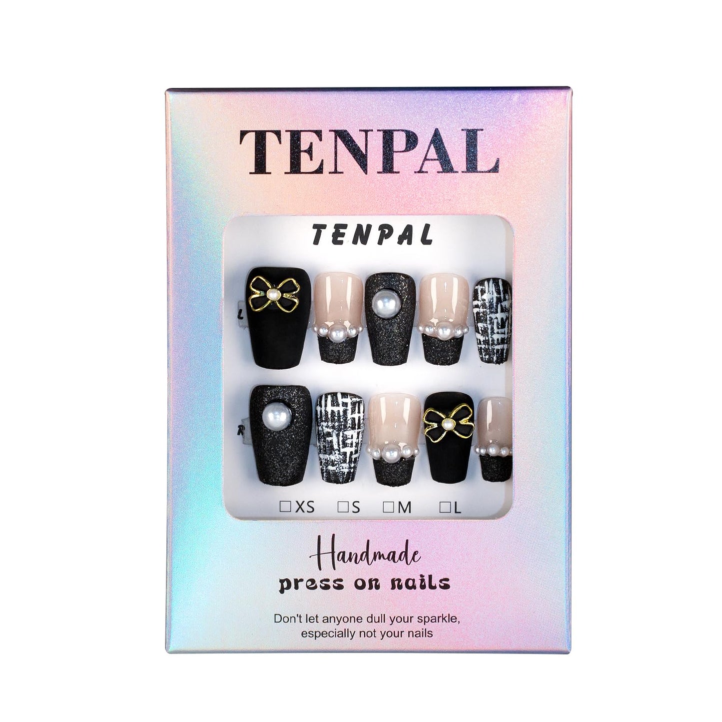 TENPAL Handmade French Tips Press on Nails Medium,Black Gold Pearl & Bow Tweed Coffin,Detachable Luxury Heirloom Elegance for Fair Skin, Acrylic Wedding Nails for Women(XS)
