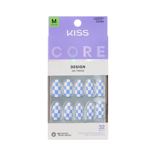 Kiss Core, Press On Nails, Nail glue included, 'Credit', Blue, Medium Size, Almond Shape, Includes 32 Nails, 2g Glue, 1 Manicure Stick, 1 Mini File