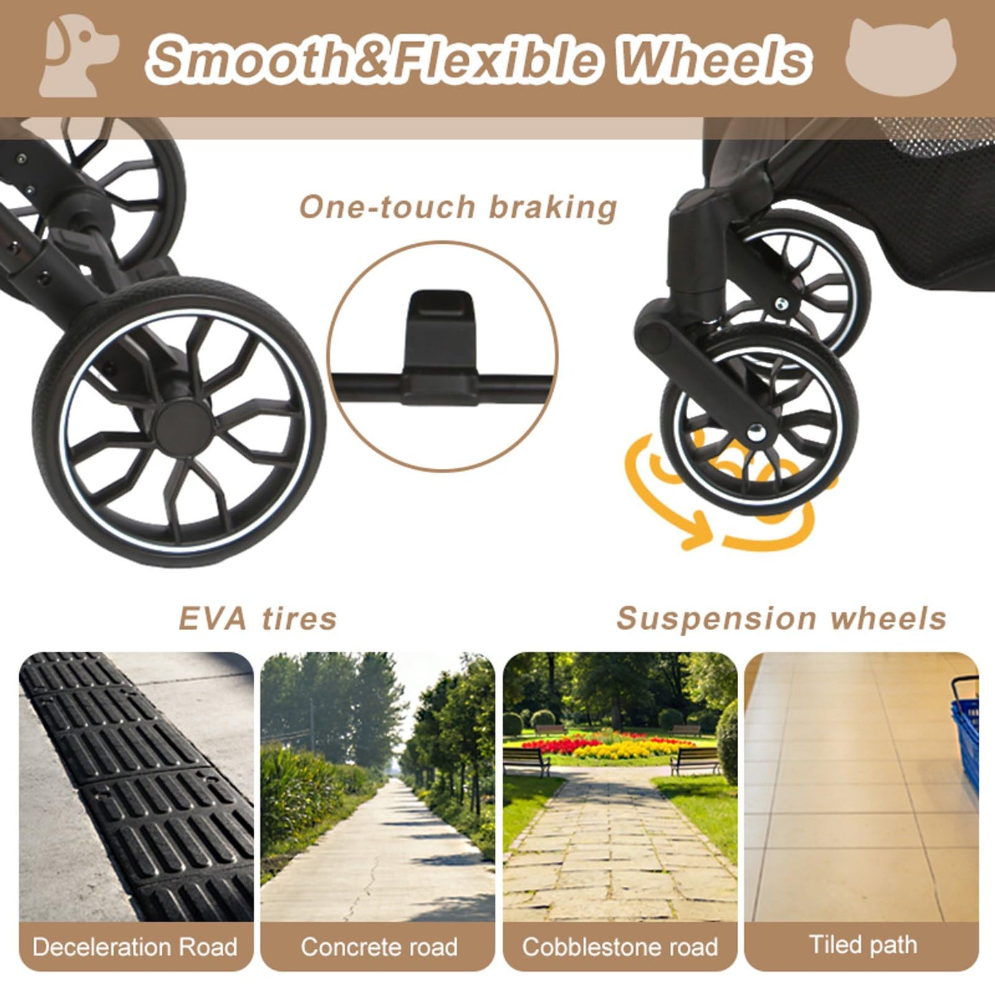 Pet Stroller for Small Dogs and Cats, Detachable Dog Cat Stroller with All-Terrain Shock Absorbing Wheels, One-Click Foldable Design, Adjustable Canopy (Khaki)