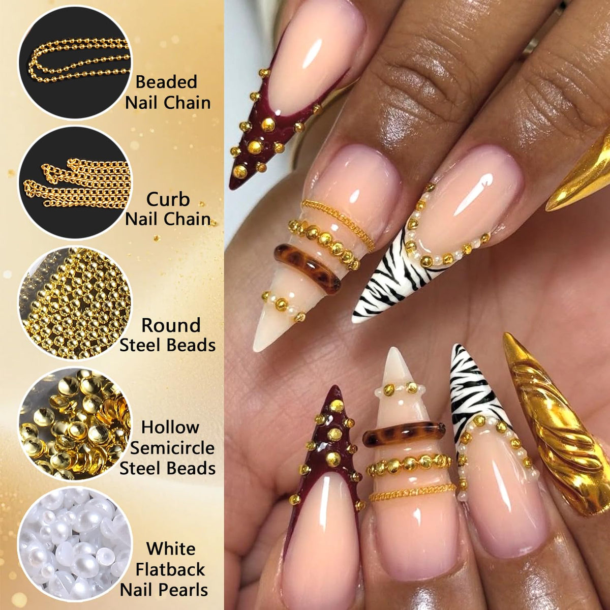 3D Metal Nail Art Chains and Mini Stainless Steel Beads Nail Charms, White Flatback Pearls Gold Caviar Beads Golden Chain Alloy Jewelry for Women Manicure Supplies DIY Crafts Decorations