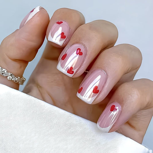 White French Tip Press on Nails Square - Short Fake Nails with Red Heart Design - Chrome Full Cover Stick on False Nails - for Women 24 Pcs