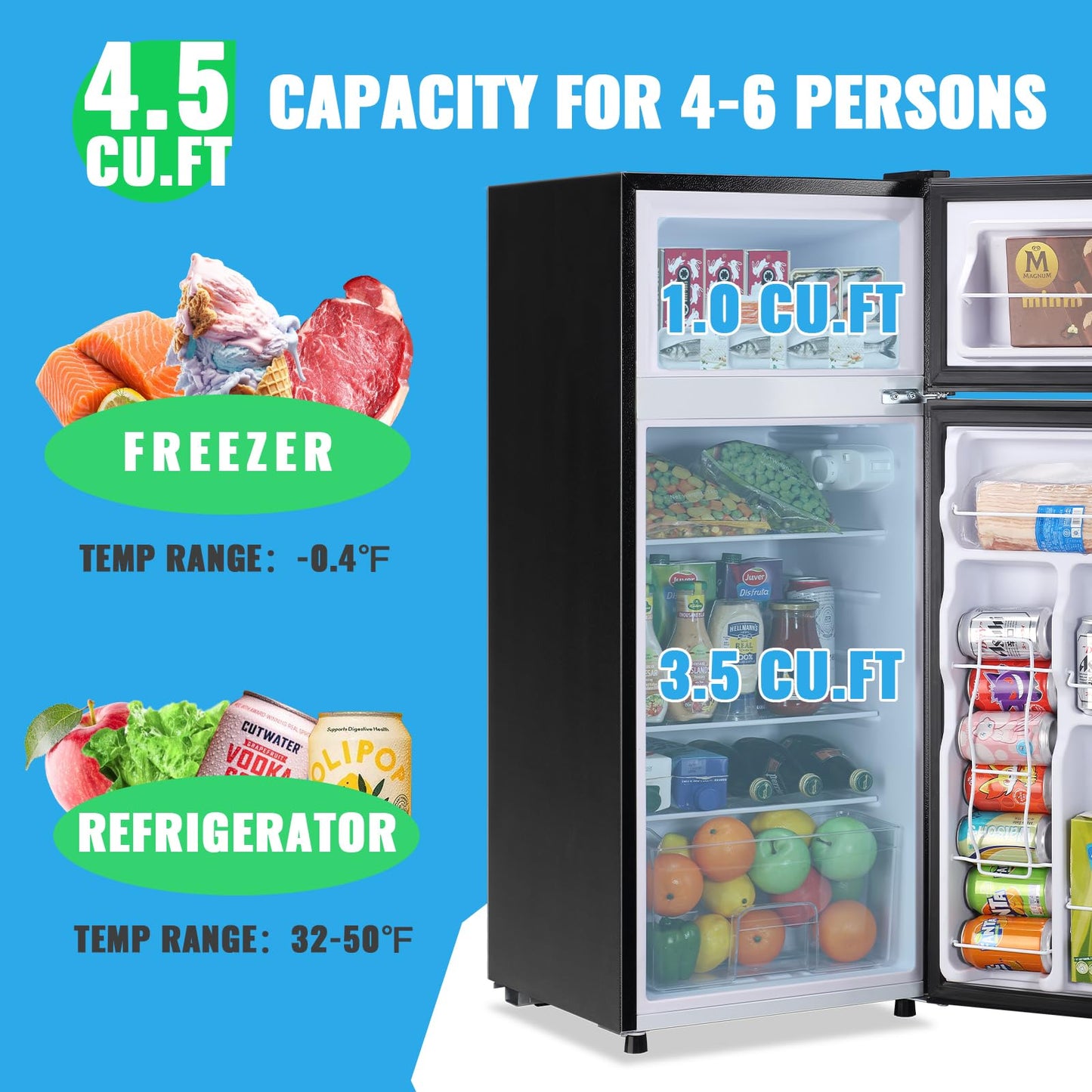 DEMULLER 4.5 CU.FT Refrigerator Silver Two Door Fridge with 7 Temperature Settings Spacous Capacity & Ideal Size for Modern Kitchen 3 Glass Shelves & 2 Wheels for Easy Use