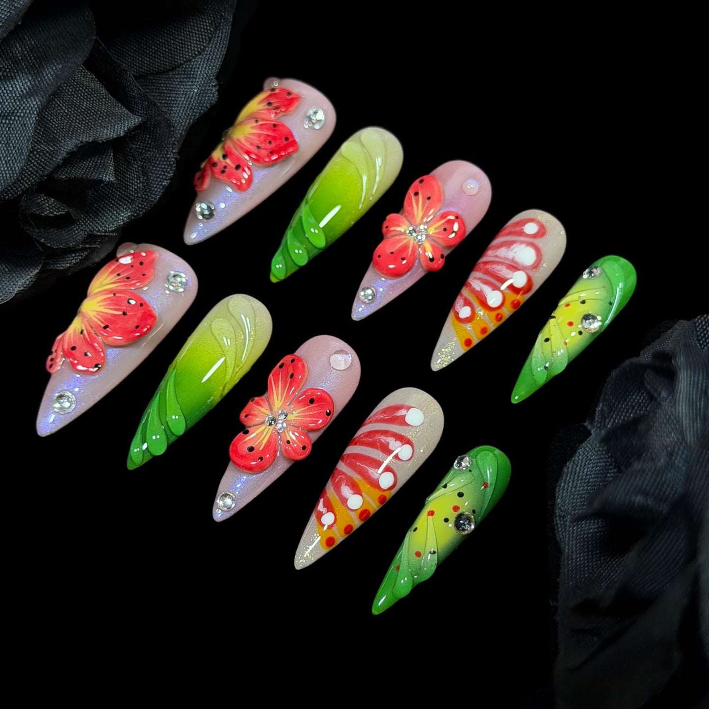 Handmade Press On Nails, Stiletto Shape, 3D Floral Botanical Muse Art, Vibrant Multi-Color Design, Thick Acrylic Fake Nails Set Tropical (M)