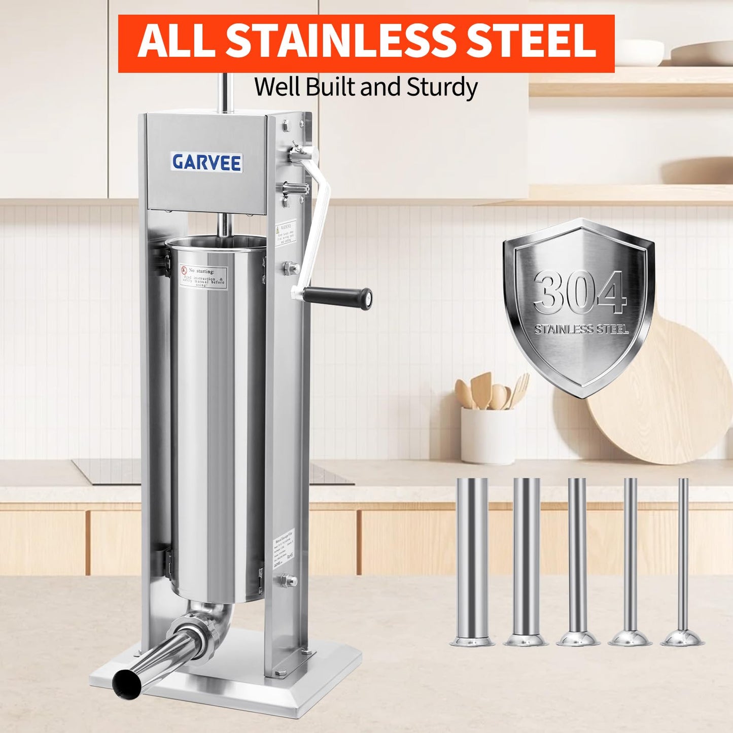 GarveeTech 15LBS/7L Sausage Stuffer, 304 Stainless Steel Manual Sausage Maker with 2-Speed Gear, Sausage Stuffer Machine with 5 Filling Tubes & Cleaning Kit for Household or Commercial Use
