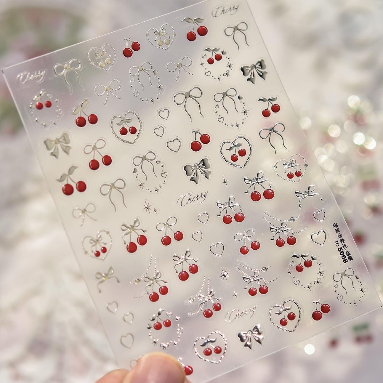 Phuryllic 3D Nail Stickers for Nail Art, Embossed Self-Adhesive Cute Nail Charms & Decals for DIY Nails, Easy-to-Apply Nail Design Supplies & Accessories for Home Manicure-Cherry for Valentine's Day