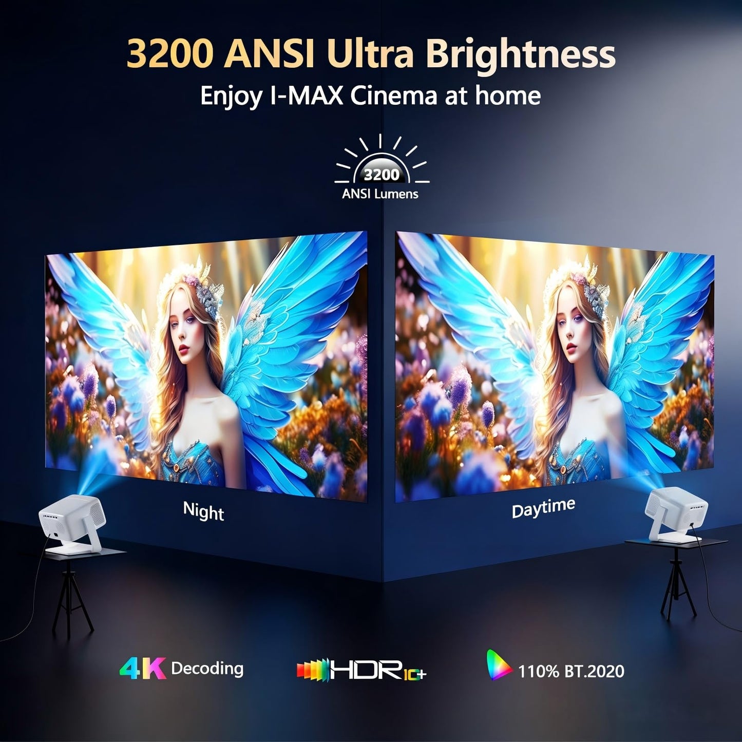 [3000+ Licensed Apps/Live TV/HDR10+/50W DoIby Audio] Smart 4K-Projector with WiFi and Bluetooth, Goiaey 3200ANSI Outdoor Projector with 360°Stand, Auto Focus, Auto Keystone, Short Throw Proyector