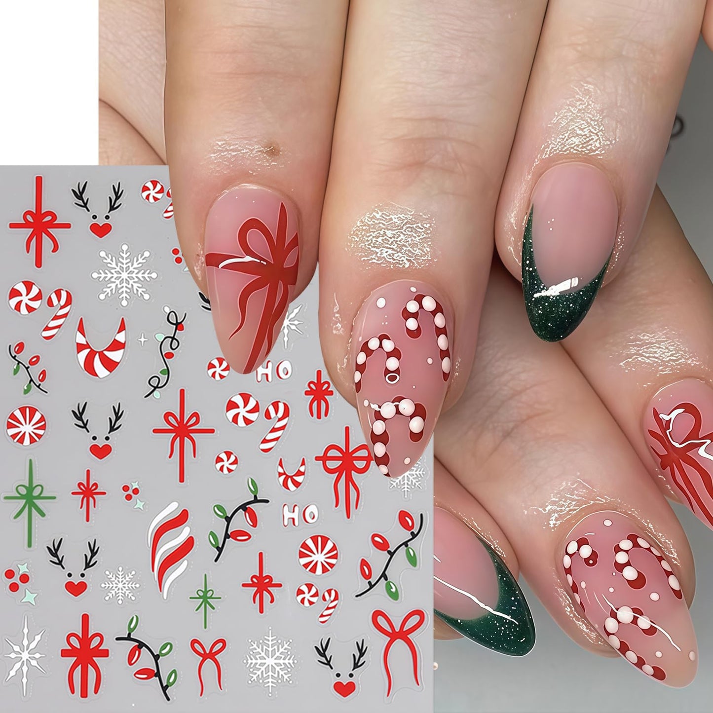 Christmas Gift Bow Nail Art Stickers 3D Self-Adhesive Christmas Candy Nail Art Stickers Christmas Elk Light Nail Decals Snowflake Bow HO Letter Nail Design Nail Supplies for Women DIY Nail Decorations