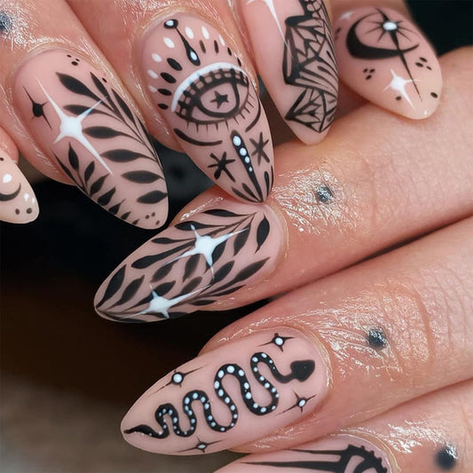 SINHOT Medium Almond Press on Nails Stiletto Fake Nails Glossy Glue on Nails Acrylic Nail Black Graffiti False Nail with Designs 24 pcs