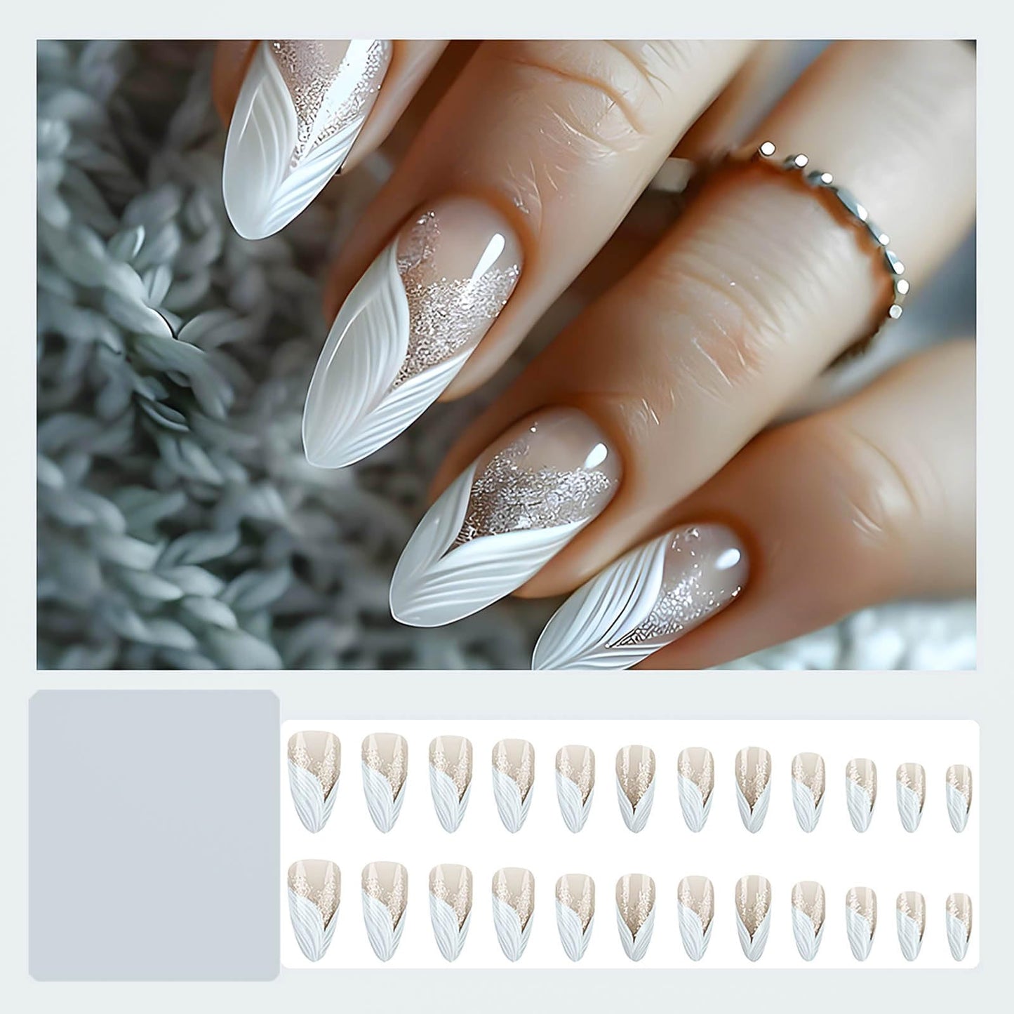 RUOKEXIN Almond Press on Nails White French Tip Fake Nails Medium False Nails with Silver Glitter Designs Almond Nail Press ons Nude Full Cover Glue on Nails Cute Stick on Nails for Women 24Pcs
