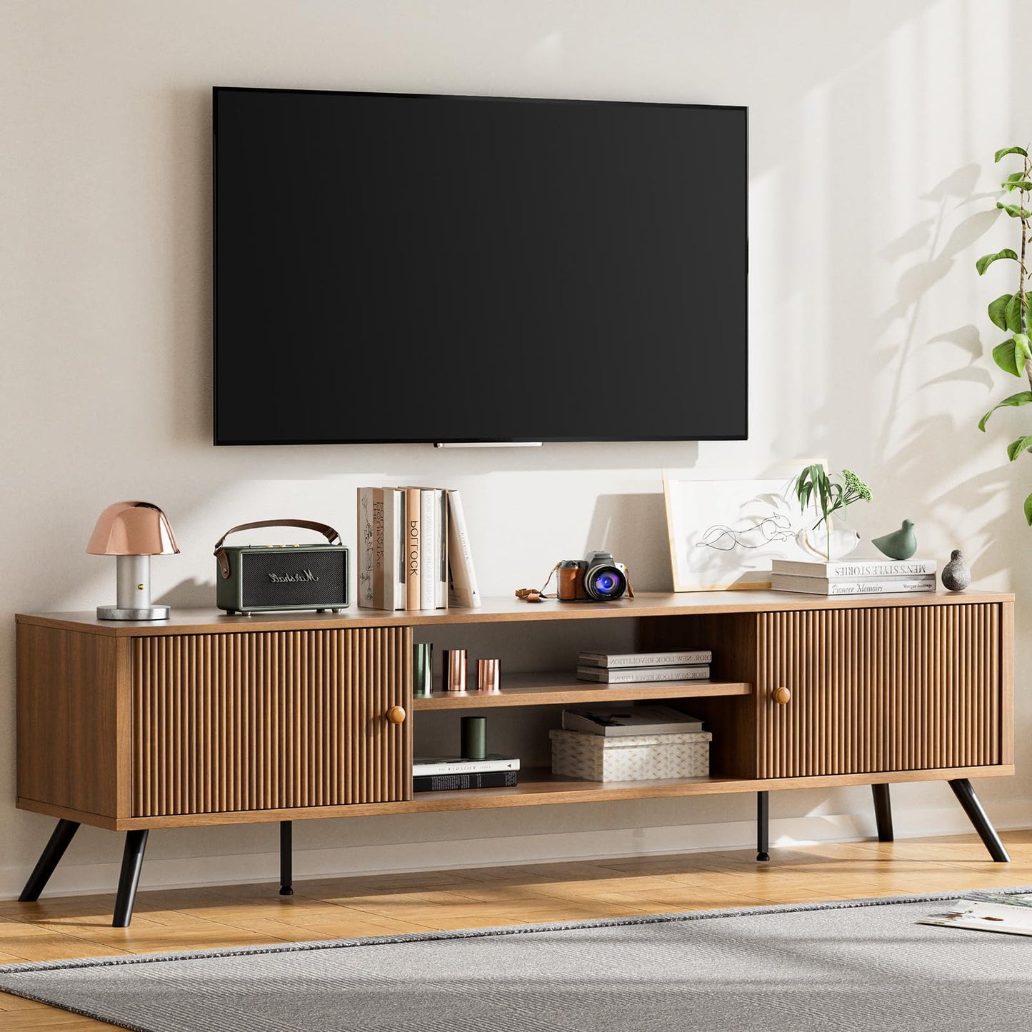 COMHOMA TV Stand for Living Room, Mid Century Modern Entertainment Center for 65/70/75 Inch TVs, Retro Brown TV Console with Fluted Door Cabinets and Open Adjustable Shelve Storage for Bedroom (70In)