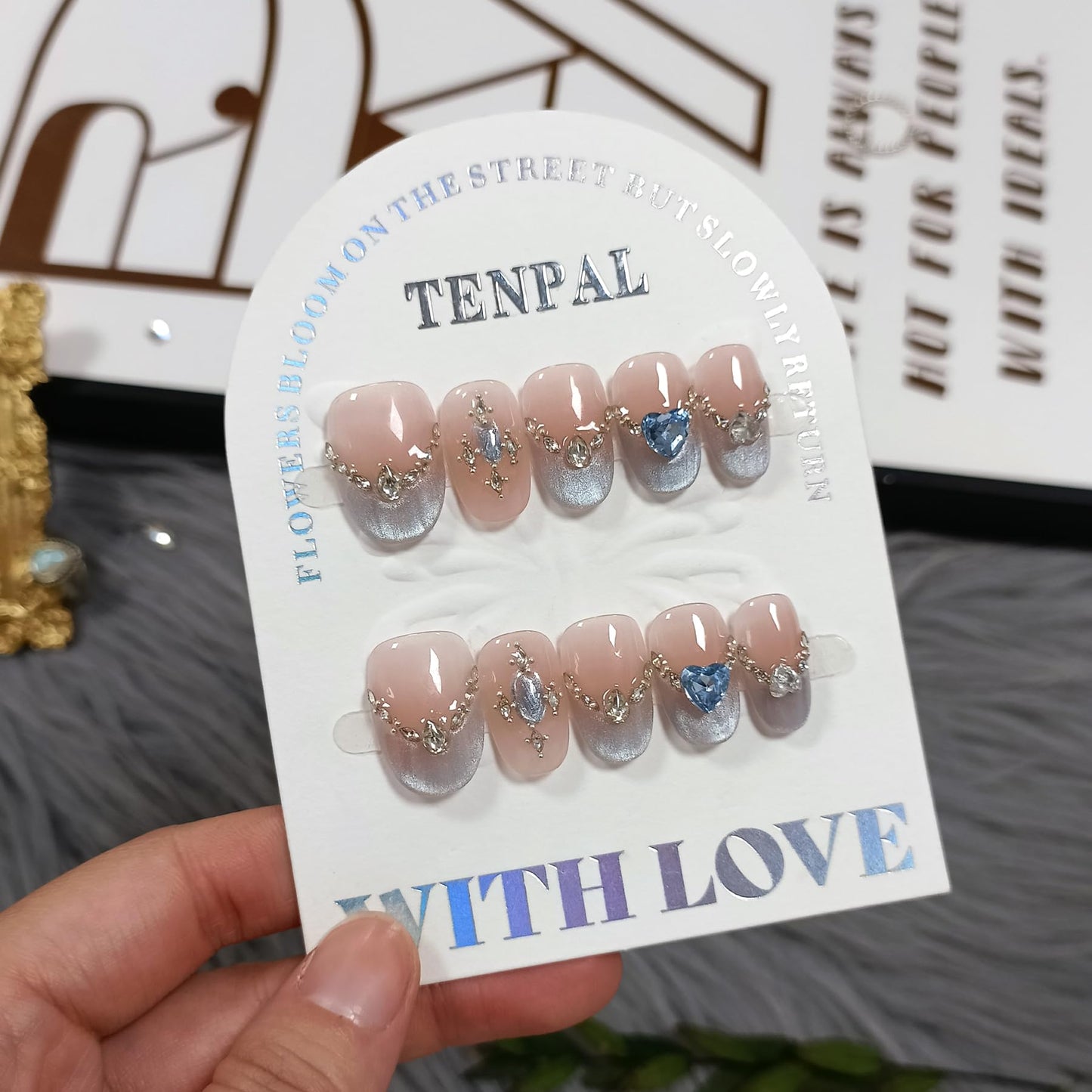 TENPAL Handmade Press on Nails Short Oval- Icy Blue French Tips Fake Nails with Cat Eye Designs, Glitter Glossy False Nails Kits for Women,Cute Sheer Stick on Nails for Daily Wear(M)