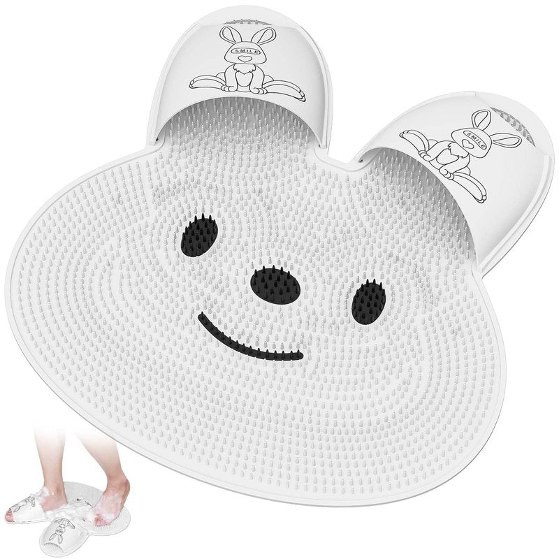 Manmihealth Extra-Large Shower Foot Scrubber Mat with Non-Slip Suction Cups, Rabbit-Shaped Silicone Foot Scrubber in Shower for Men & Women (White)