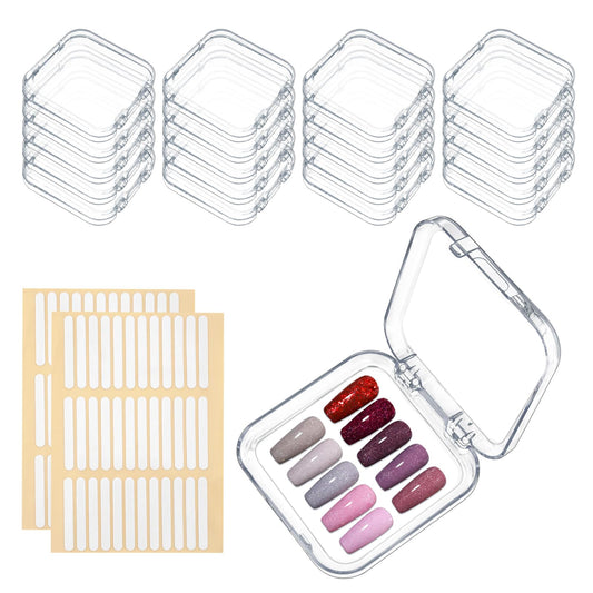 Paidiem 20Pcs Press On Nail Storage Box with 72Pcs Adhesive Double Sided Tape, Press on Nail Packaging Supplies False Nails Display Storage Cases Boxes Organizer for Nail Art Salon Business(Clear)