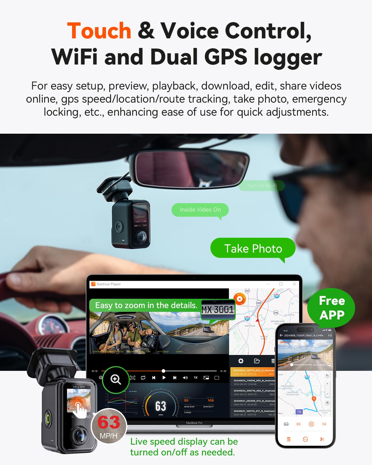 Vantrue E360 Plus All Channel Dash Cam, 585°, Dual STARVIS 2, Fisheye Front + Fisheye Inside + Rear Dash Camera, Dual IR Night Vision, GPS, WiFi, Touchscreen, Parking Mode, Voice Control, Support 1TB