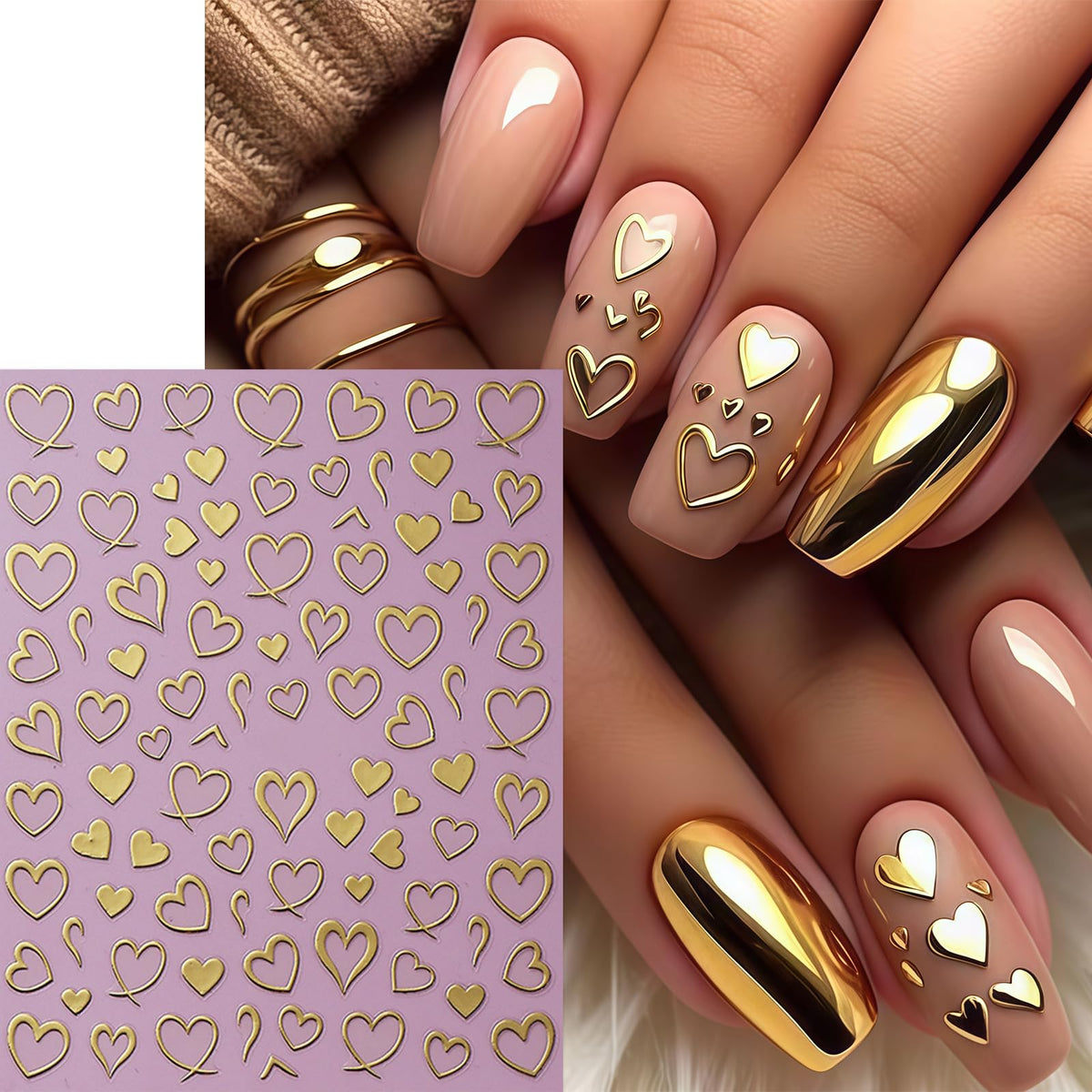 6 Sheets Heart Nail Stickers 3D Self-Adhesive Hearts Nail Decals Love Hollow Peach Heart Shaped French Nail Design Valentine French Sticker Nail Supplies for Women Valentine Holiday Nail Decoration