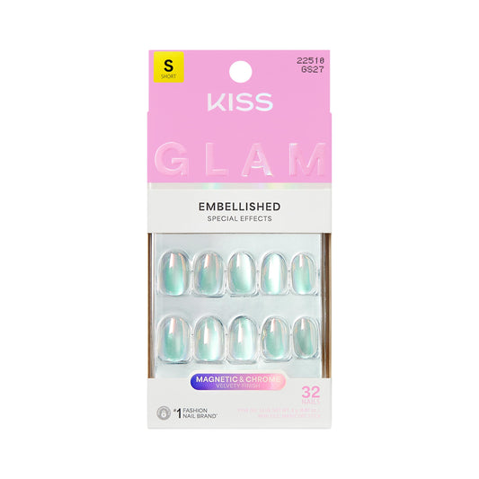 Kiss Glam, Press On Nails, Nail glue included, 'Celestique', Blue, Short Size, Round Shape, Includes 32 Nails, 2g Glue, 1 Manicure Stick, 1 Mini File