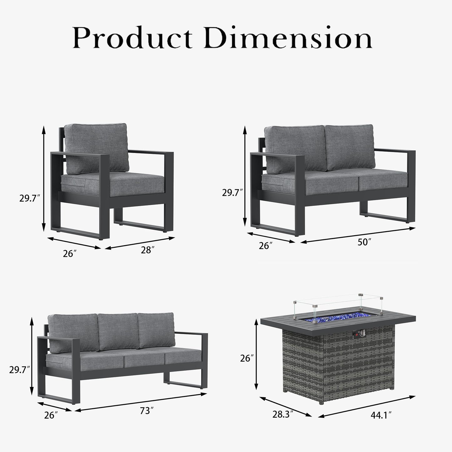 LayinSun 5 Pieces Aluminum Outdoor Patio Furniture Set, Metal Modern Conversation Sofa Set with Fire Pit Table and Washable Thick Cushions for Porch, Backyard, Deck
